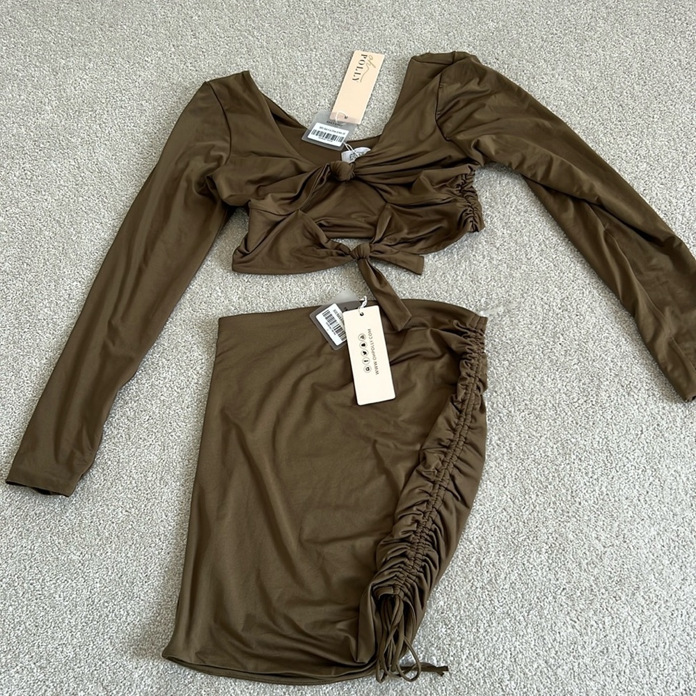 Oh Polly olive ruched 2 piece set